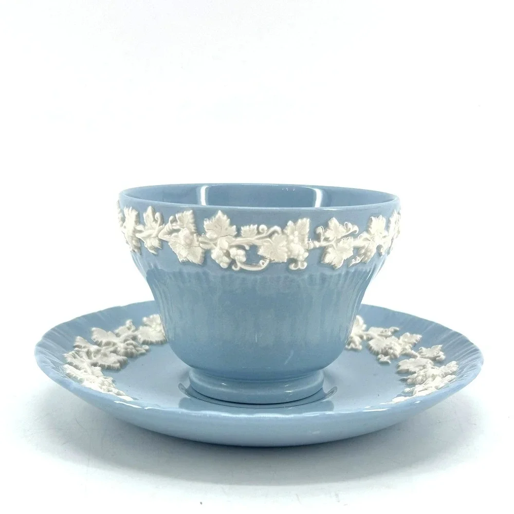 Wedgwood Queensware Cream on Lavender Blue Embossed Grapevine Tea Cup & Saucer